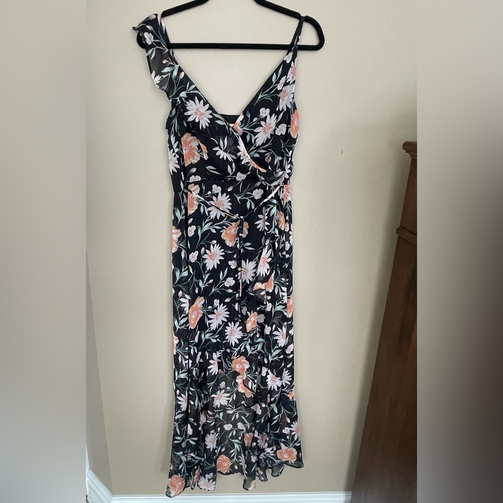 Chic Floral High-Low Dress in Black and Orange